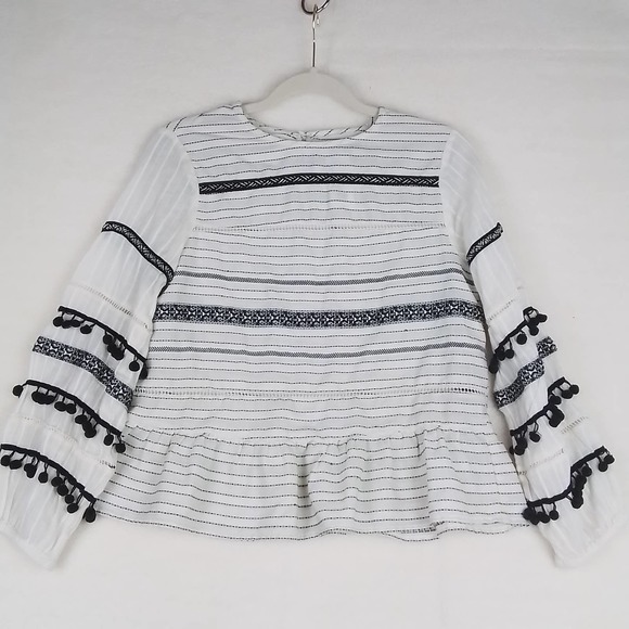 ZARA Boho Blouse Size Small in Black White Stipes w/ Pom Pom fringe‎ - Picture 2 of 11